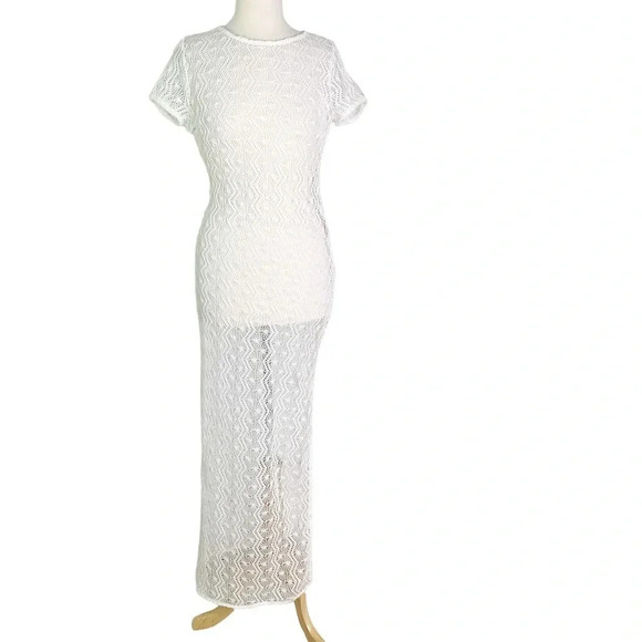 Lovers + Friends Crochet Short Sleeve Maci Cover Up Dress White Size M - Picture 6 of 11